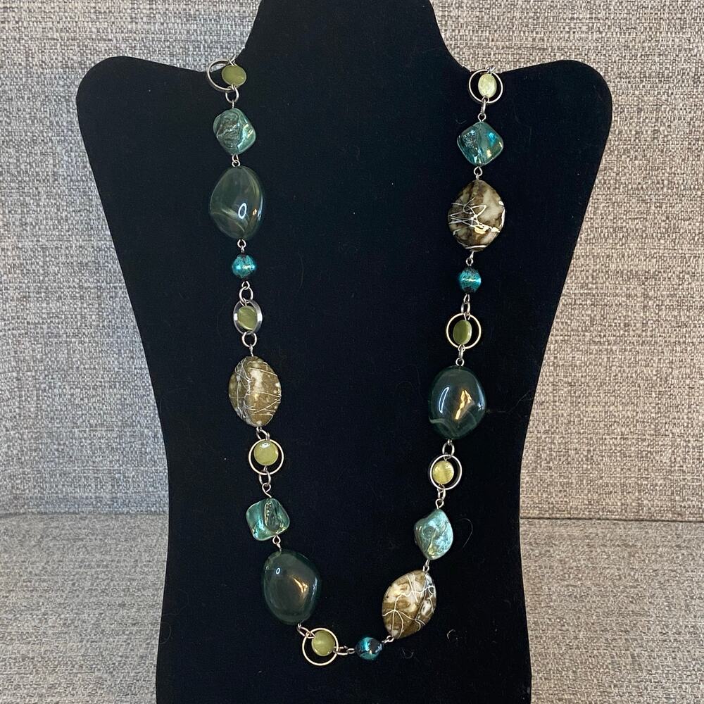 Boho Statement Green Resin Stone Earth Tone Artisan Style Beaded Necklace